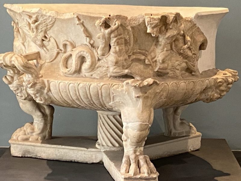 La grandiosa tazza di marmo con corteo&nbsp;marino